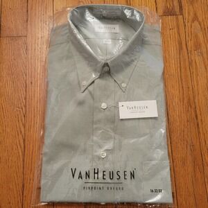 Van Heusen Pinpoint Oxford Dress Shirt 16 32/33 Green Button Down Preppy Busines